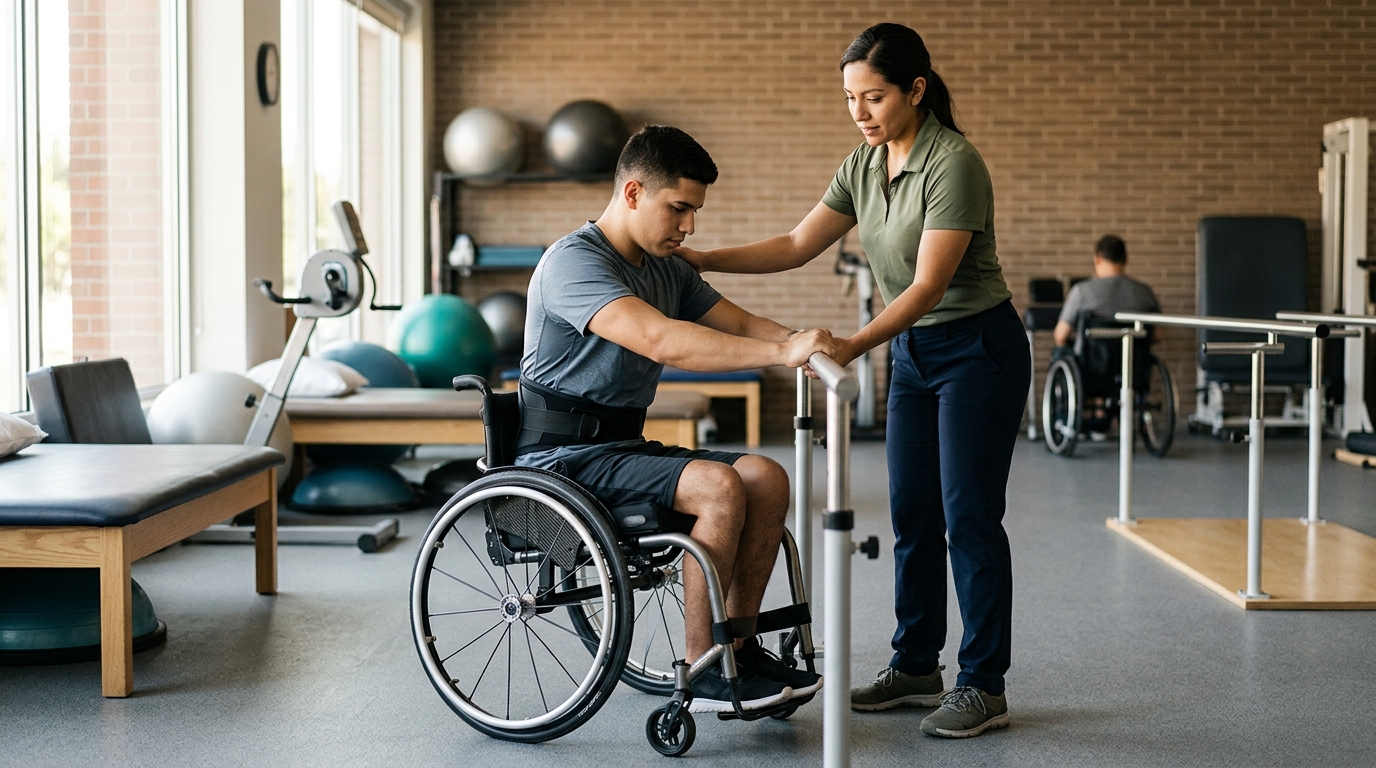 Joven en silla de ruedas con fisioterapeuta durante rehabilitación por lesión de columna en un gimnasio.