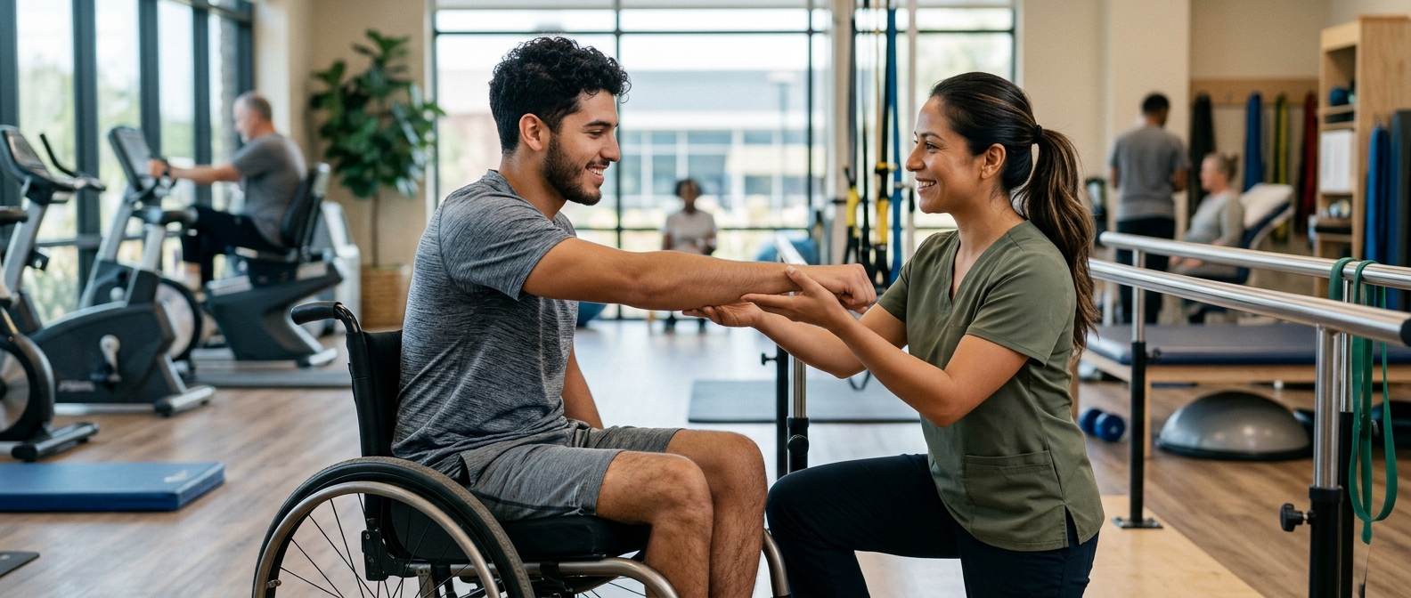 Joven en silla de ruedas con un fisioterapeuta durante rehabilitación por lesión medular en un gimnasio.