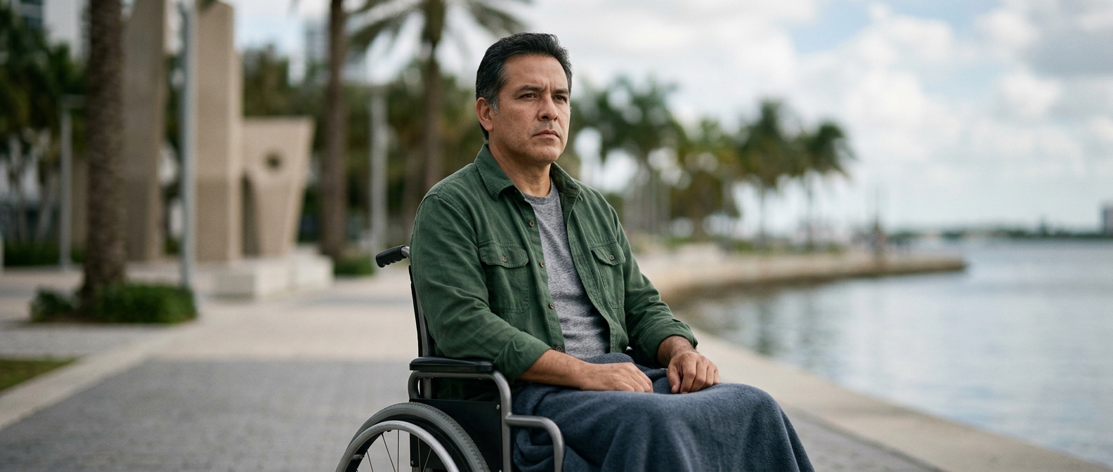 Person using a wheelchair looking forward with quiet resolve after a catastrophic spinal cord injury.