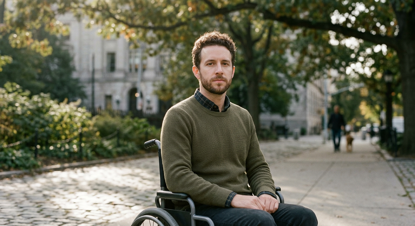 Person using a wheelchair looking forward with quiet resolve after a catastrophic spinal injury.