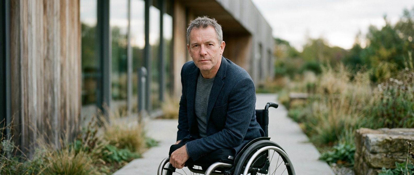 Person using a wheelchair looking forward with quiet resolve after a catastrophic spinal injury.
