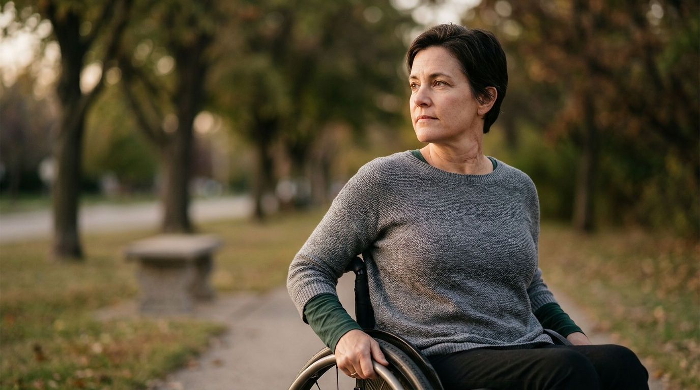 Person using a wheelchair looking forward with quiet resolve.