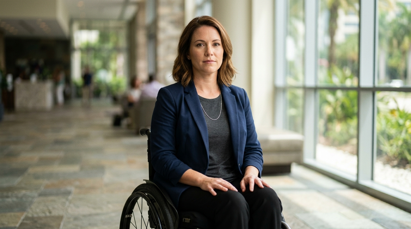 Person using a wheelchair looking forward with quiet resolve after a catastrophic spinal injury.