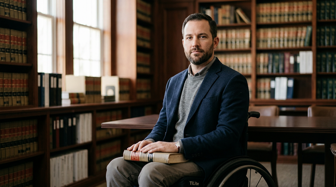 Person using a wheelchair looking forward with quiet resolve after a catastrophic spinal injury.