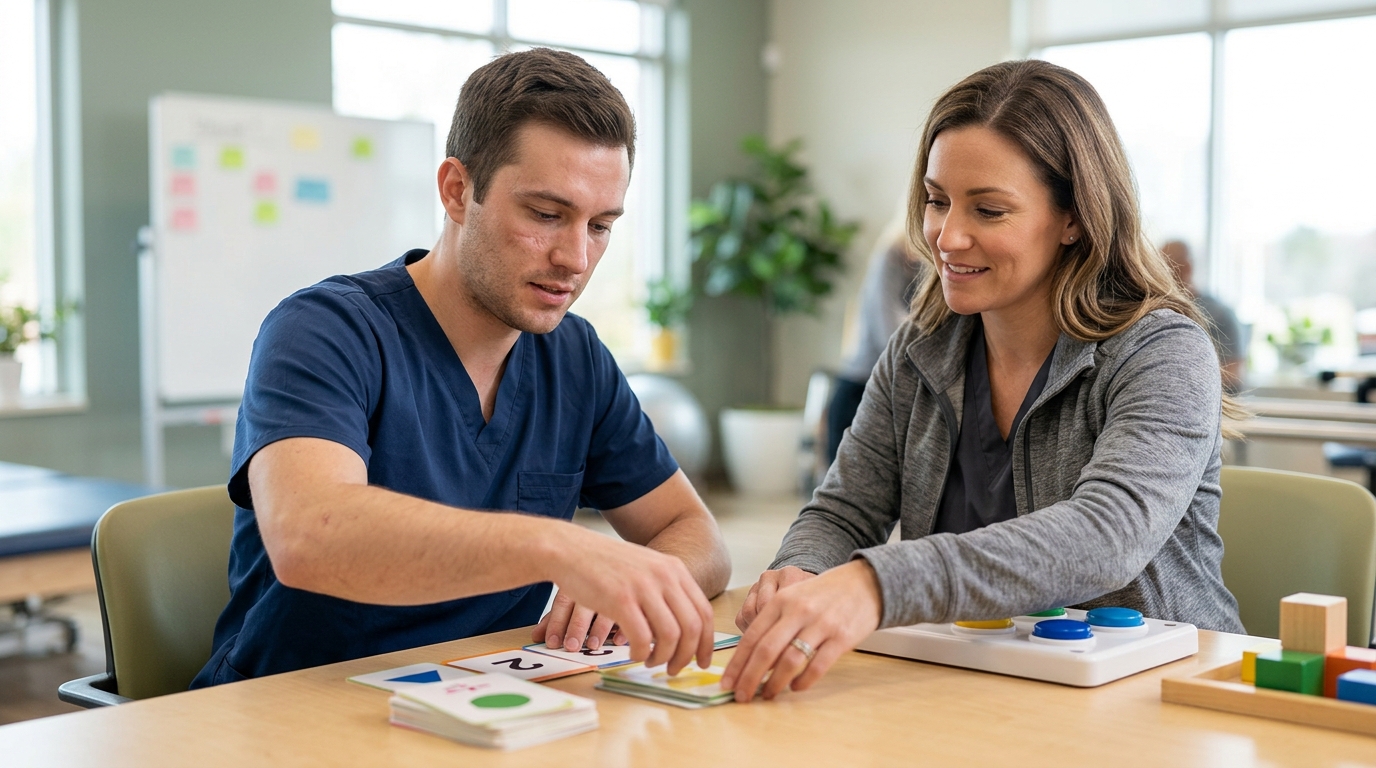 A brain injury patient practices memory and coordination exercises with a therapist during rehabilitation.