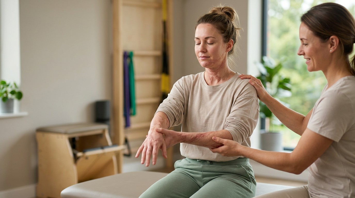A burn-injury survivor being treated with dignity in a calm rehabilitation setting.