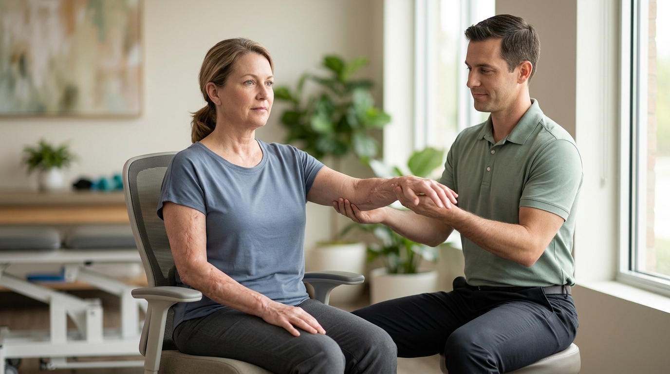 A burn-injury survivor in a calm rehabilitation setting, treated with dignity.