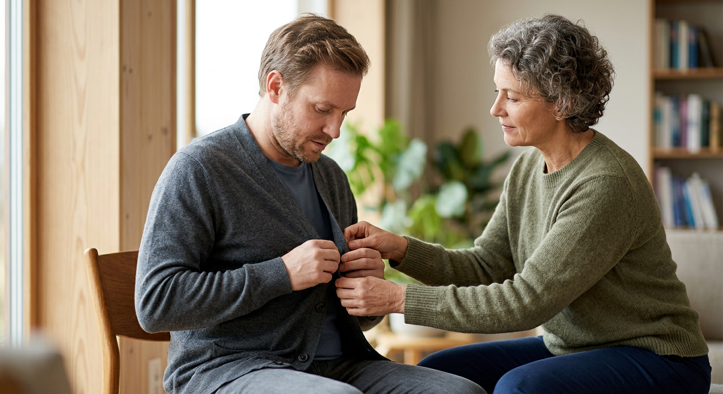 A caregiver assists a person relearning daily routines after a traumatic brain injury.