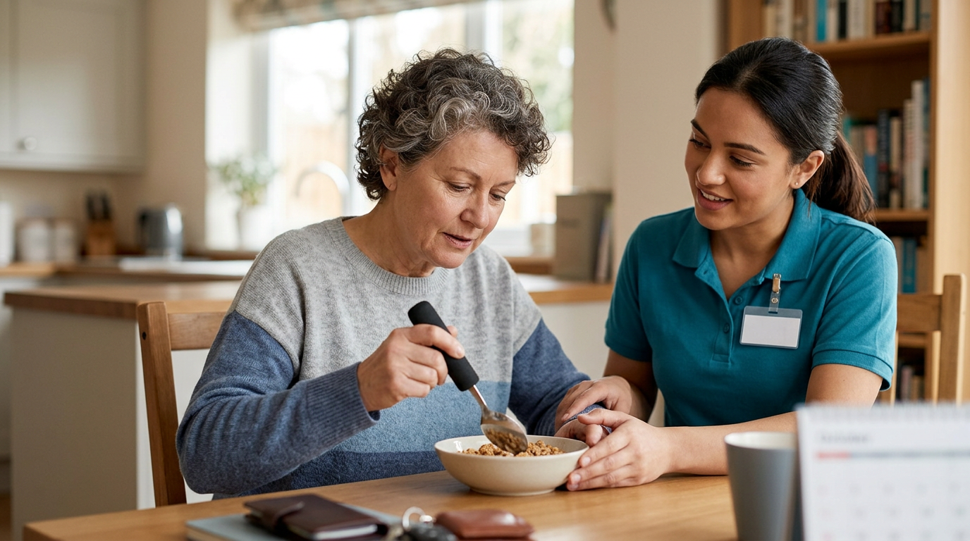 A caregiver supporting a person as they relearn daily routines after a traumatic brain injury.