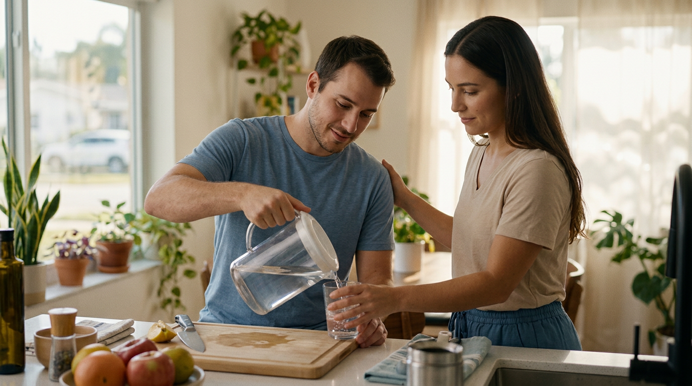 A caregiver supporting a person relearning daily routines after a traumatic brain injury.