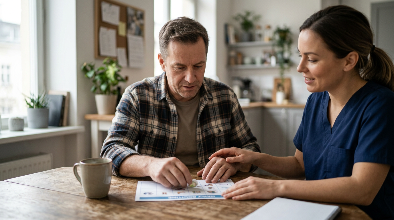 A caregiver supporting a person relearning daily routines after a traumatic brain injury.