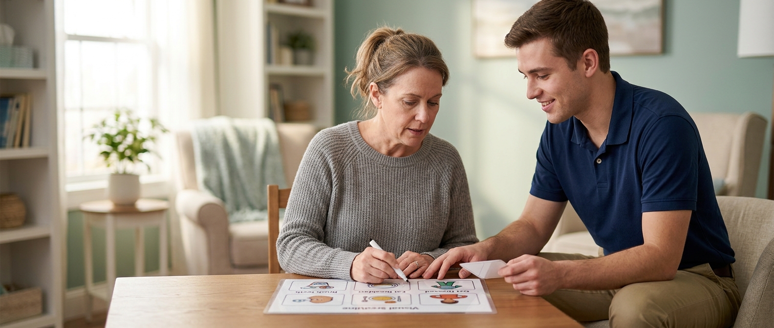 A caregiver supporting a person relearning daily routines during recovery from a traumatic brain injury.