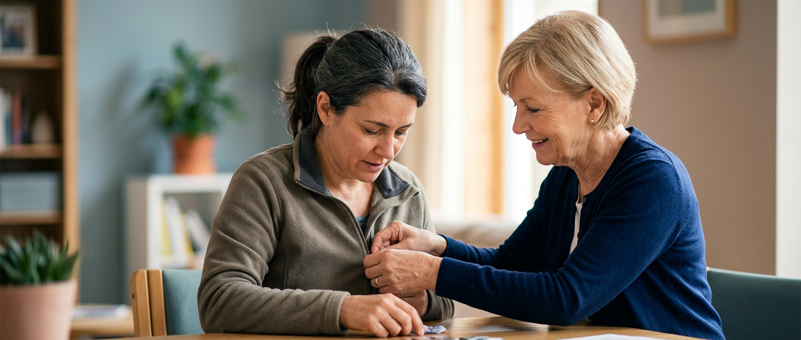 A caregiver supports a person relearning daily routines after a traumatic brain injury.