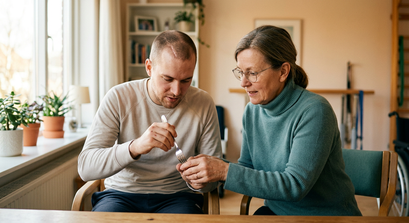 A caregiver supports a person relearning daily routines during rehabilitation.