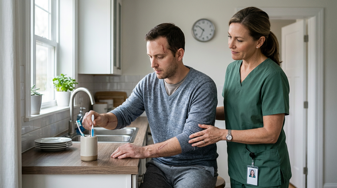 A caregiver supports a person relearning daily routines during recovery from a traumatic brain injury.