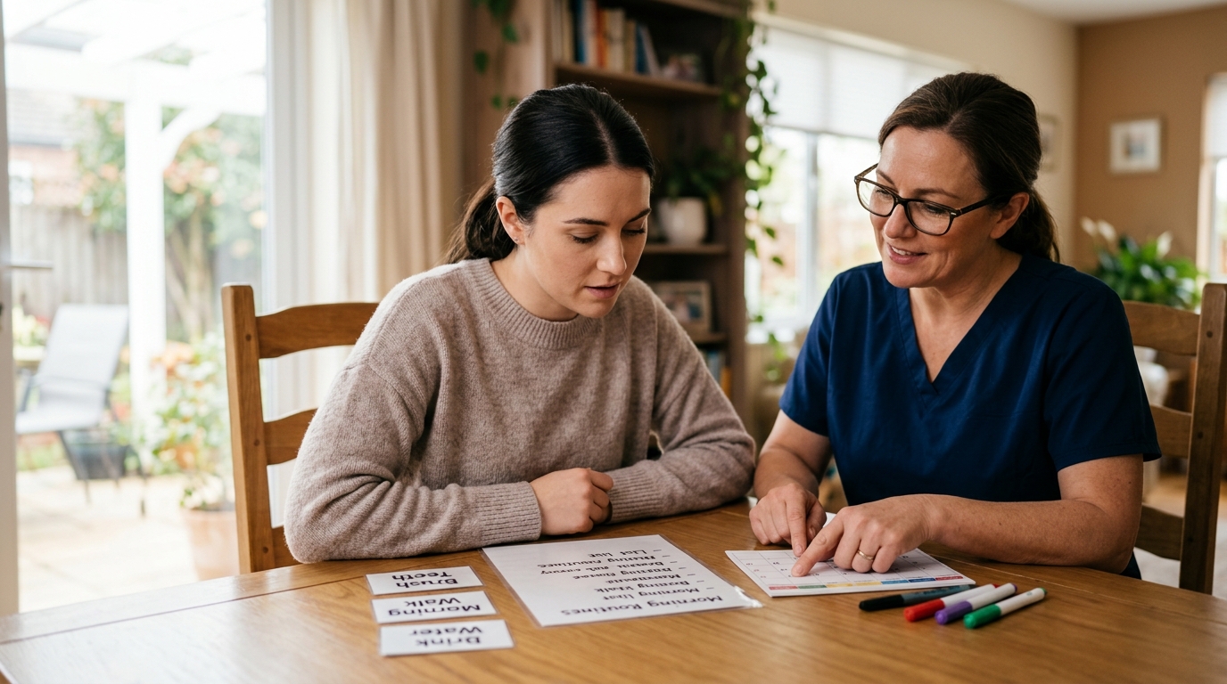 A caregiver supports a person relearning daily routines during recovery from a traumatic brain injury.