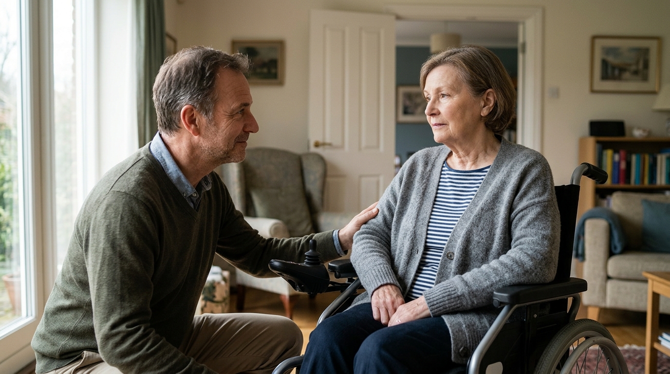 A family member gently supporting a loved one who uses a power wheelchair at home.