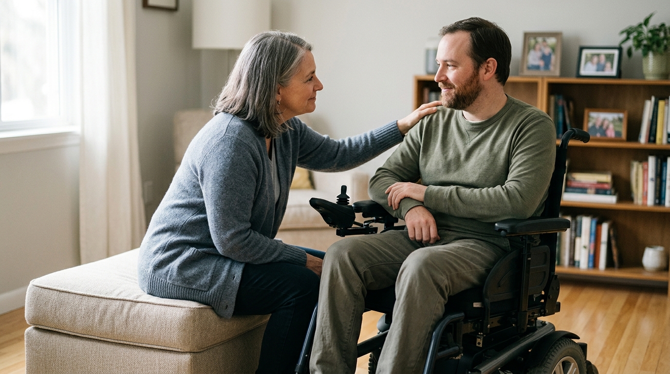 A family member tenderly supporting a loved one using a power wheelchair at home.