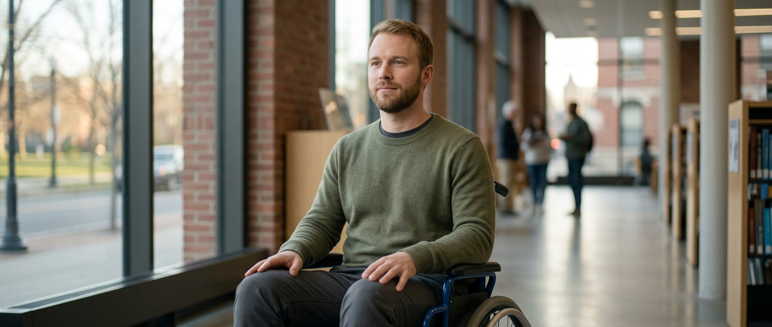 a person who uses a wheelchair looking forward with quiet resolve, catastrophic spinal injury