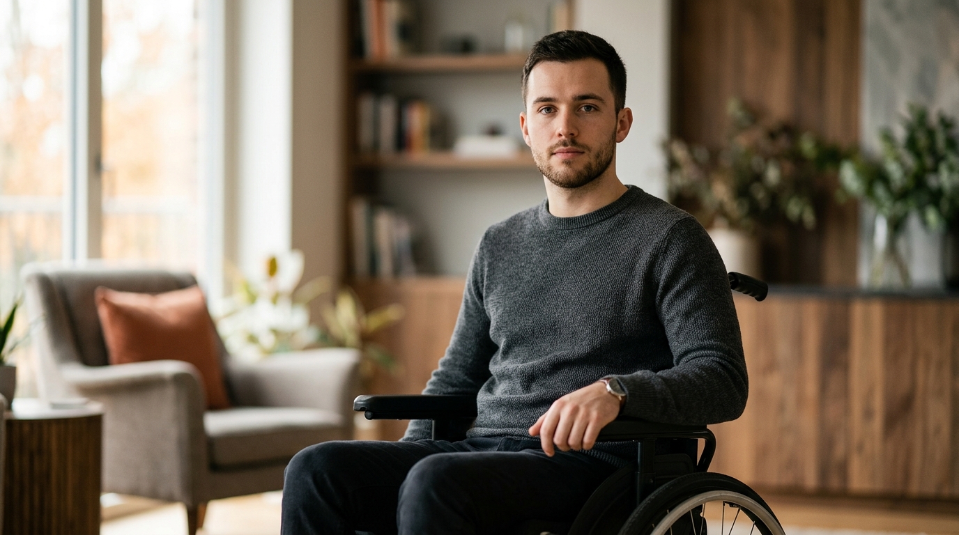 a person who uses a wheelchair looking forward with quiet resolve, catastrophic spinal injury