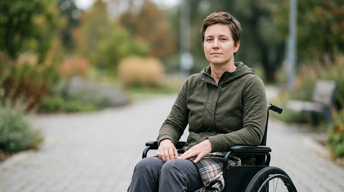 A person in a wheelchair looking forward with quiet resolve after a catastrophic spinal injury.