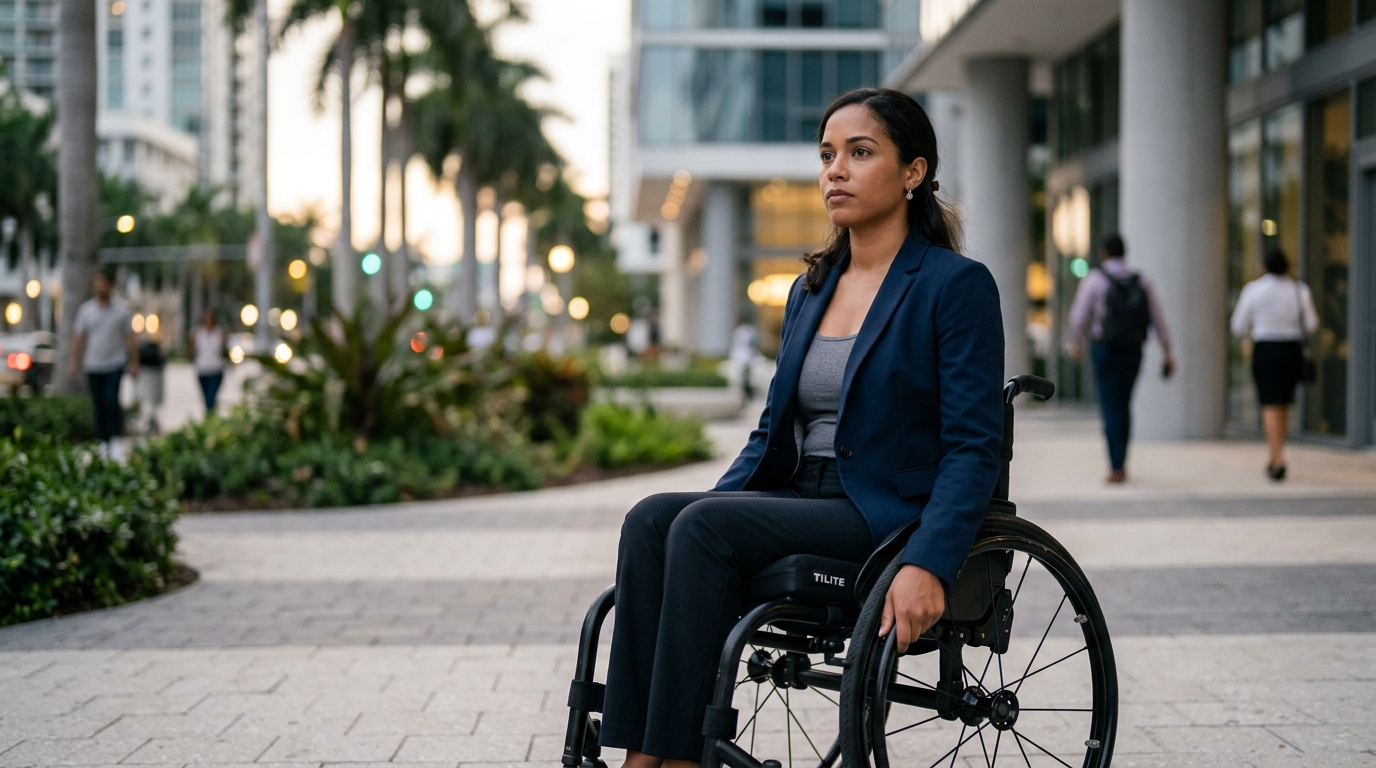 a person who uses a wheelchair looking forward with quiet resolve, catastrophic spinal injury