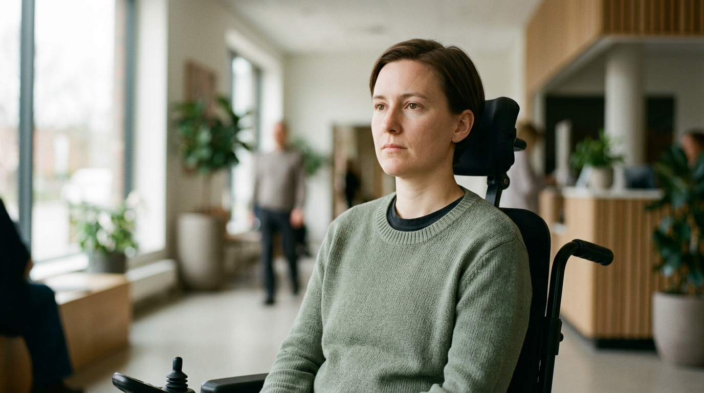 A person in a wheelchair looking forward with quiet resolve.