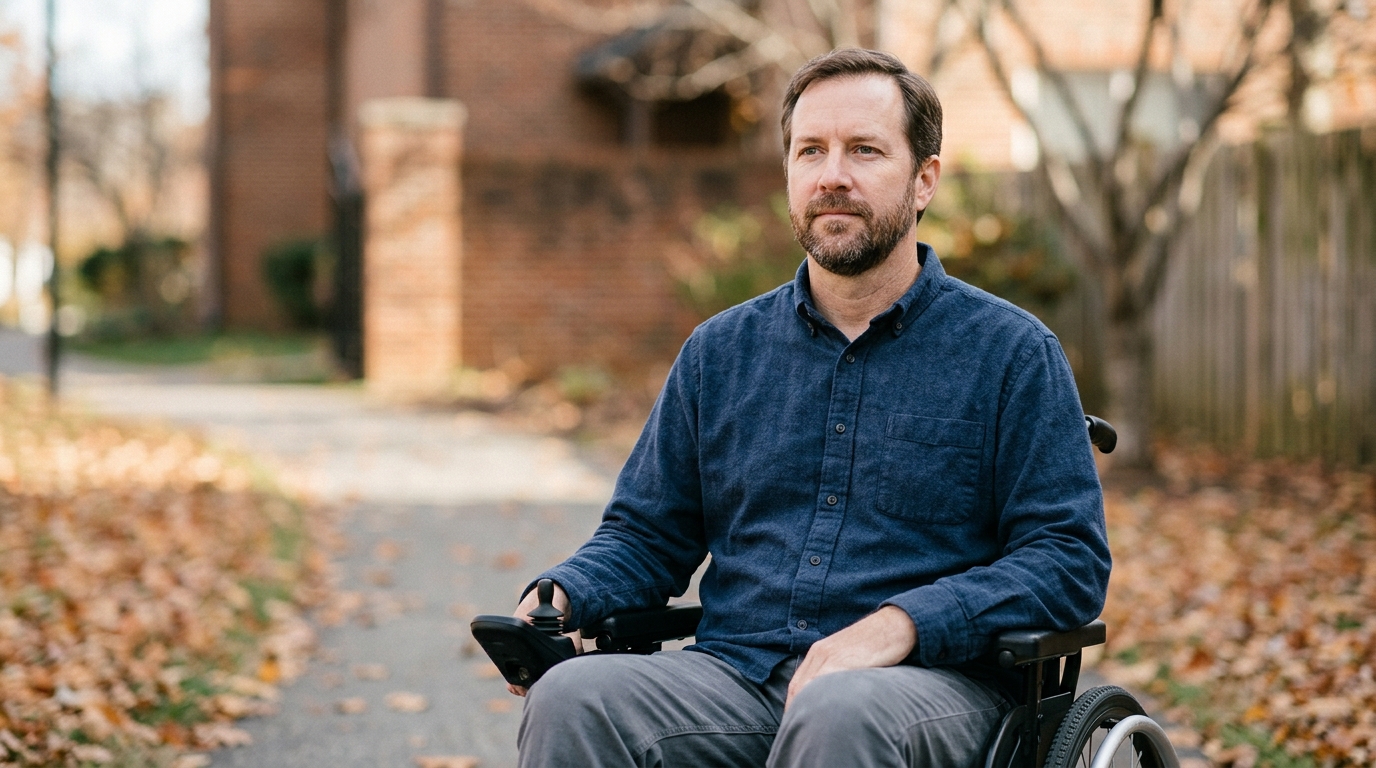 A person using a wheelchair looking forward with a calm, resolute expression.