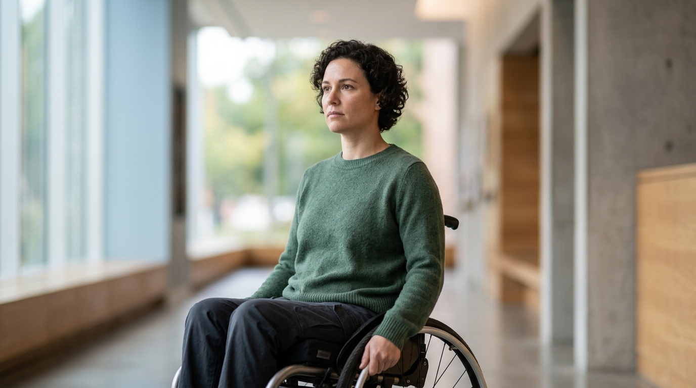 a person who uses a wheelchair looking forward with quiet resolve, catastrophic spinal injury