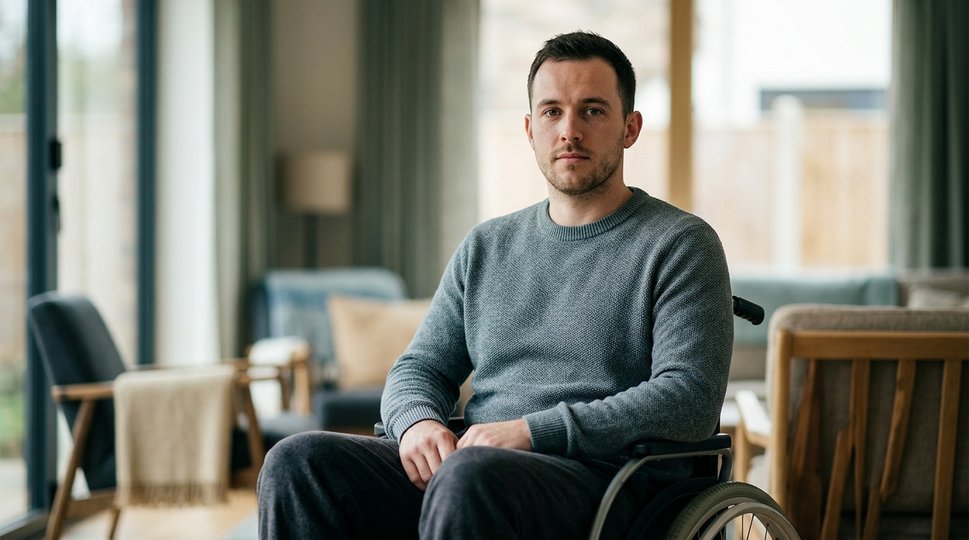 A person using a wheelchair looking forward with a calm, resolute expression.