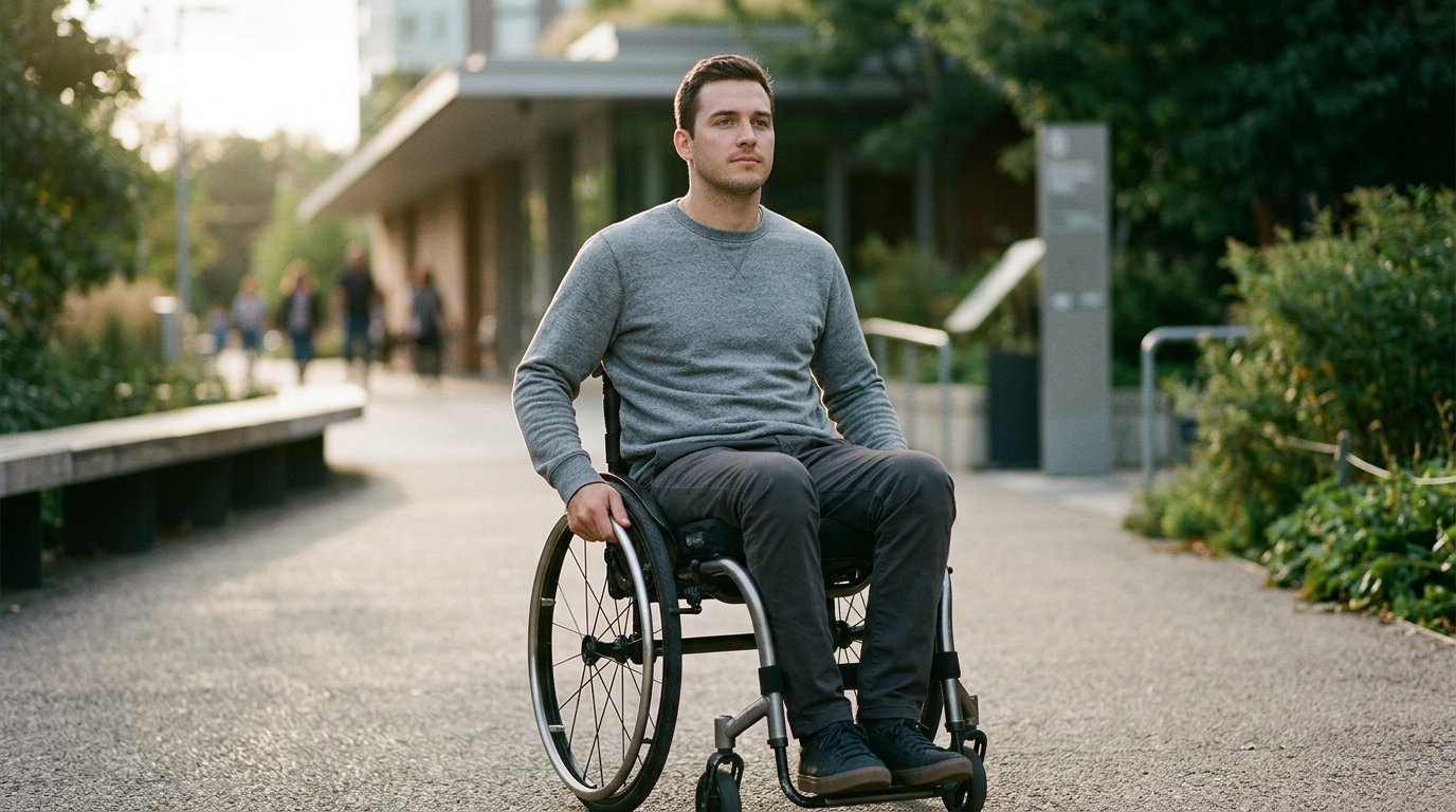 a person who uses a wheelchair looking forward with quiet resolve, catastrophic spinal injury