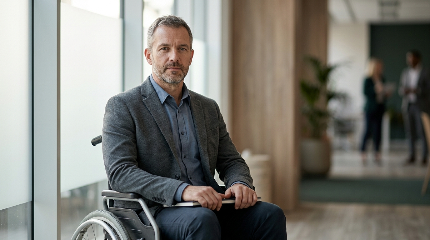a person who uses a wheelchair looking forward with quiet resolve, catastrophic spinal injury