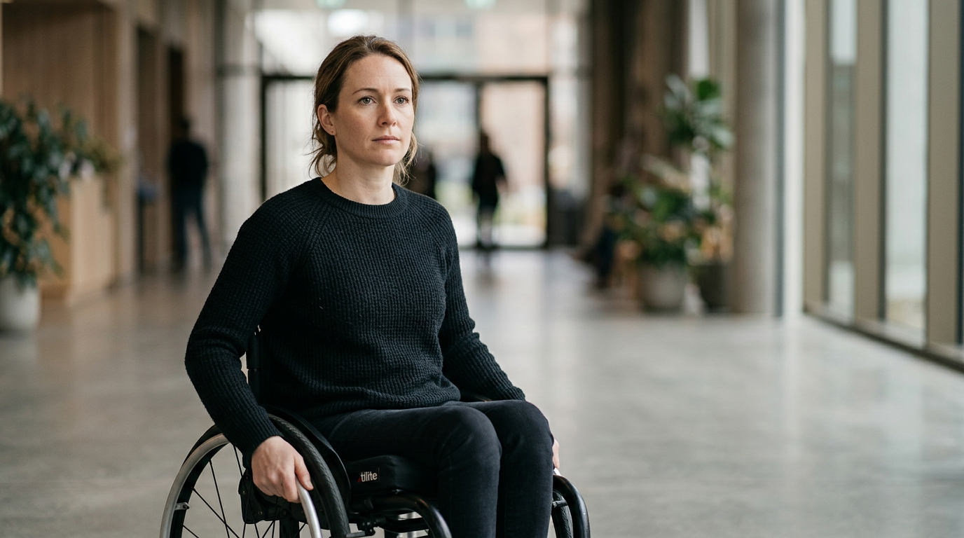 a person who uses a wheelchair looking forward with quiet resolve, catastrophic spinal injury