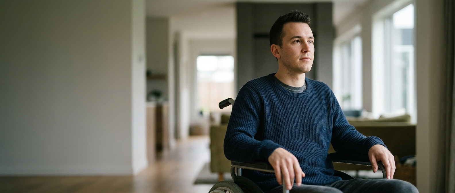 A person using a wheelchair looking forward with quiet resolve after a spinal injury.