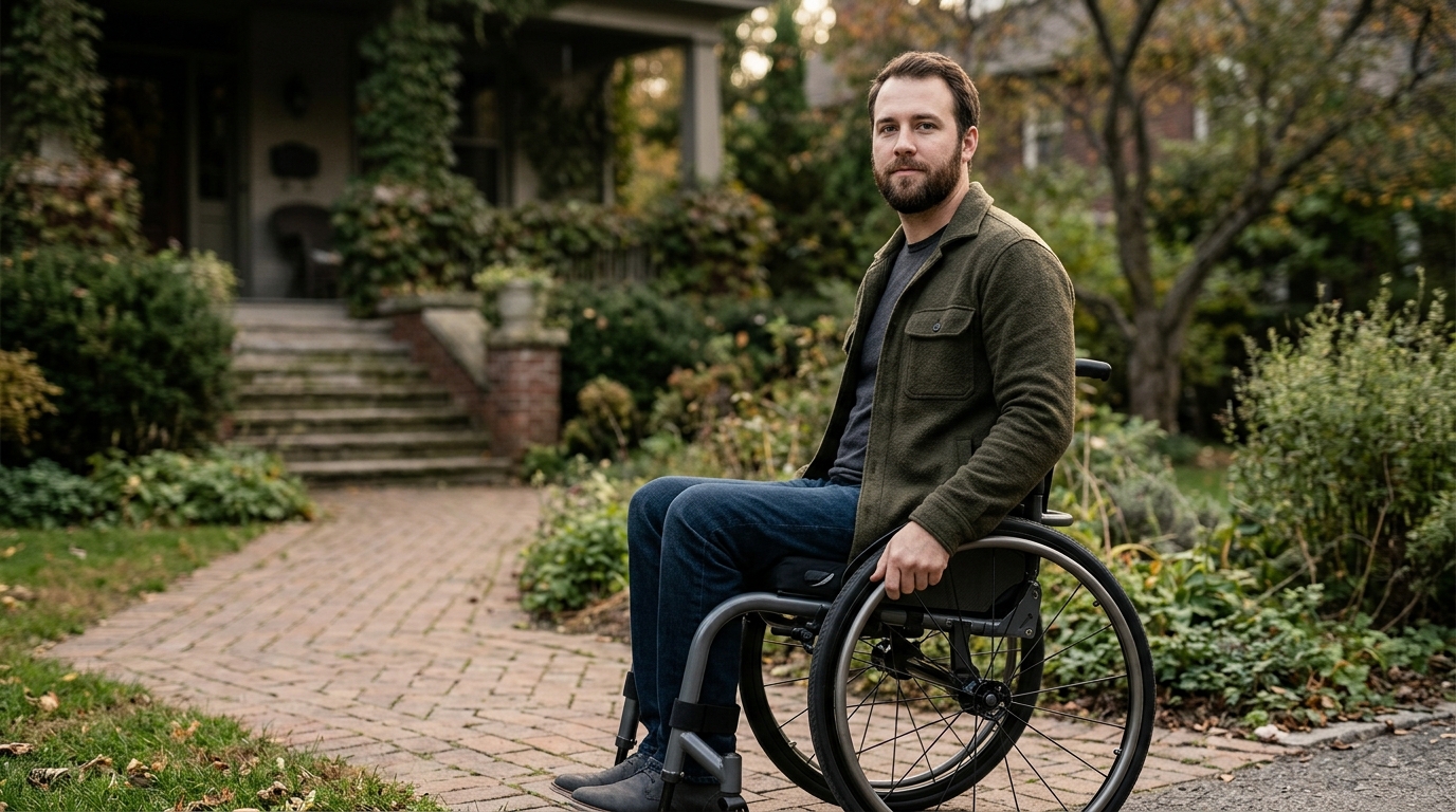 A person using a wheelchair looking forward with quiet resolve after a catastrophic spinal injury.