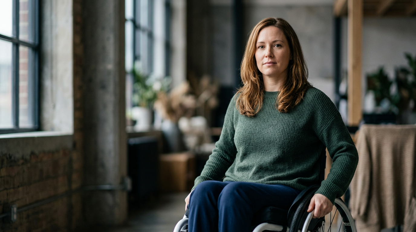 a person who uses a wheelchair looking forward with quiet resolve, catastrophic spinal injury
