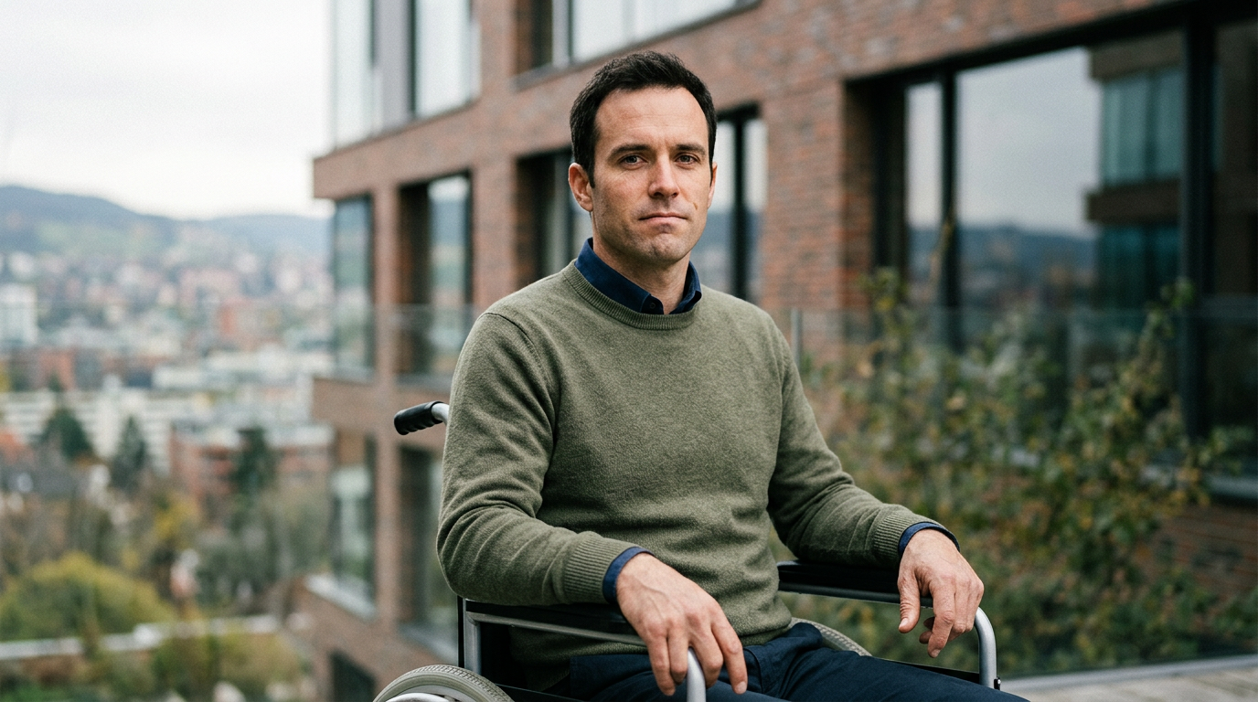 A person using a wheelchair looking forward with quiet resolve after a catastrophic spinal injury.