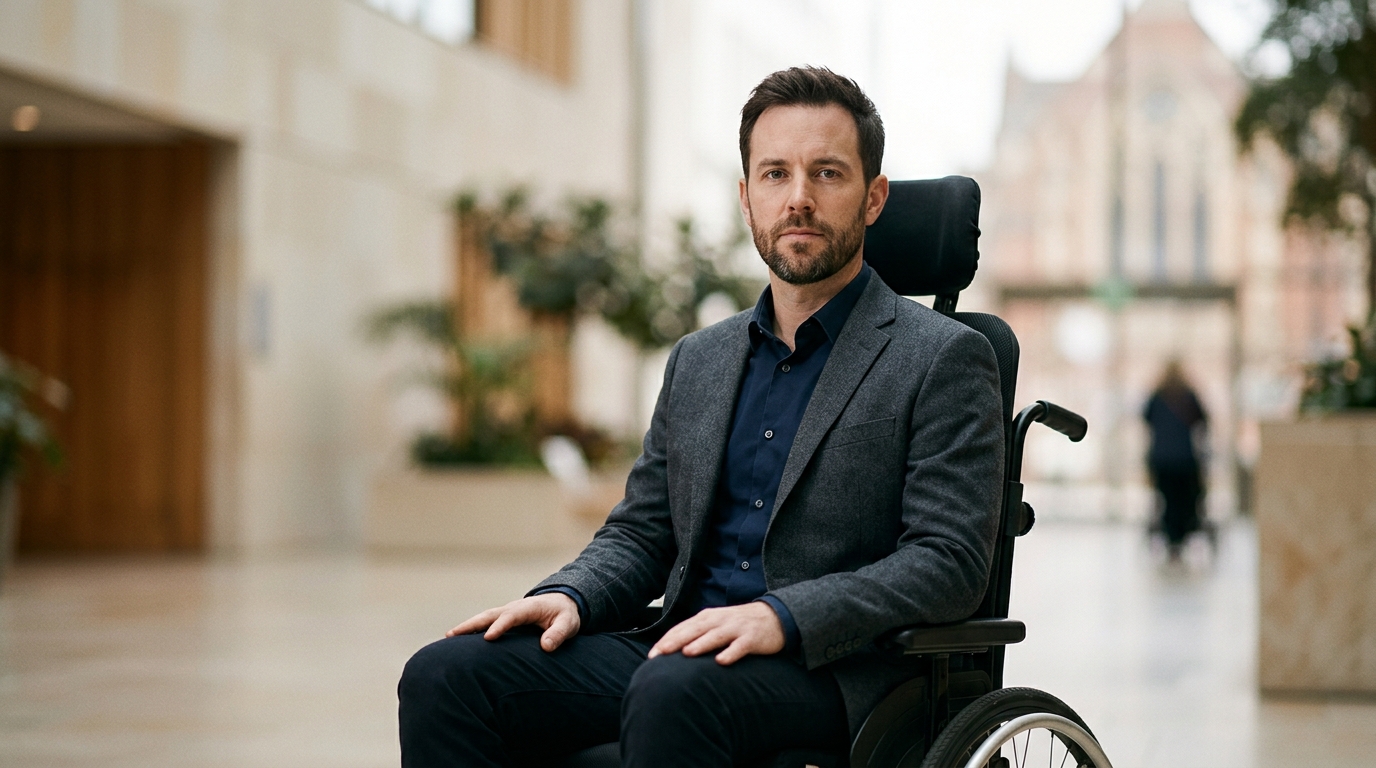 A person using a wheelchair looking forward with quiet resolve after a catastrophic spinal injury.