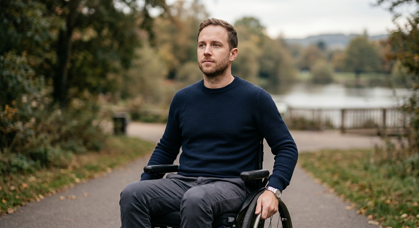 A person using a wheelchair looks forward with quiet resolve.