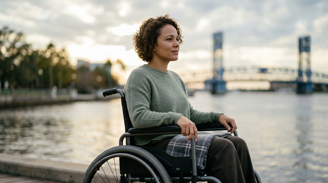 A person using a wheelchair looks forward with quiet resolve after a catastrophic spinal injury.