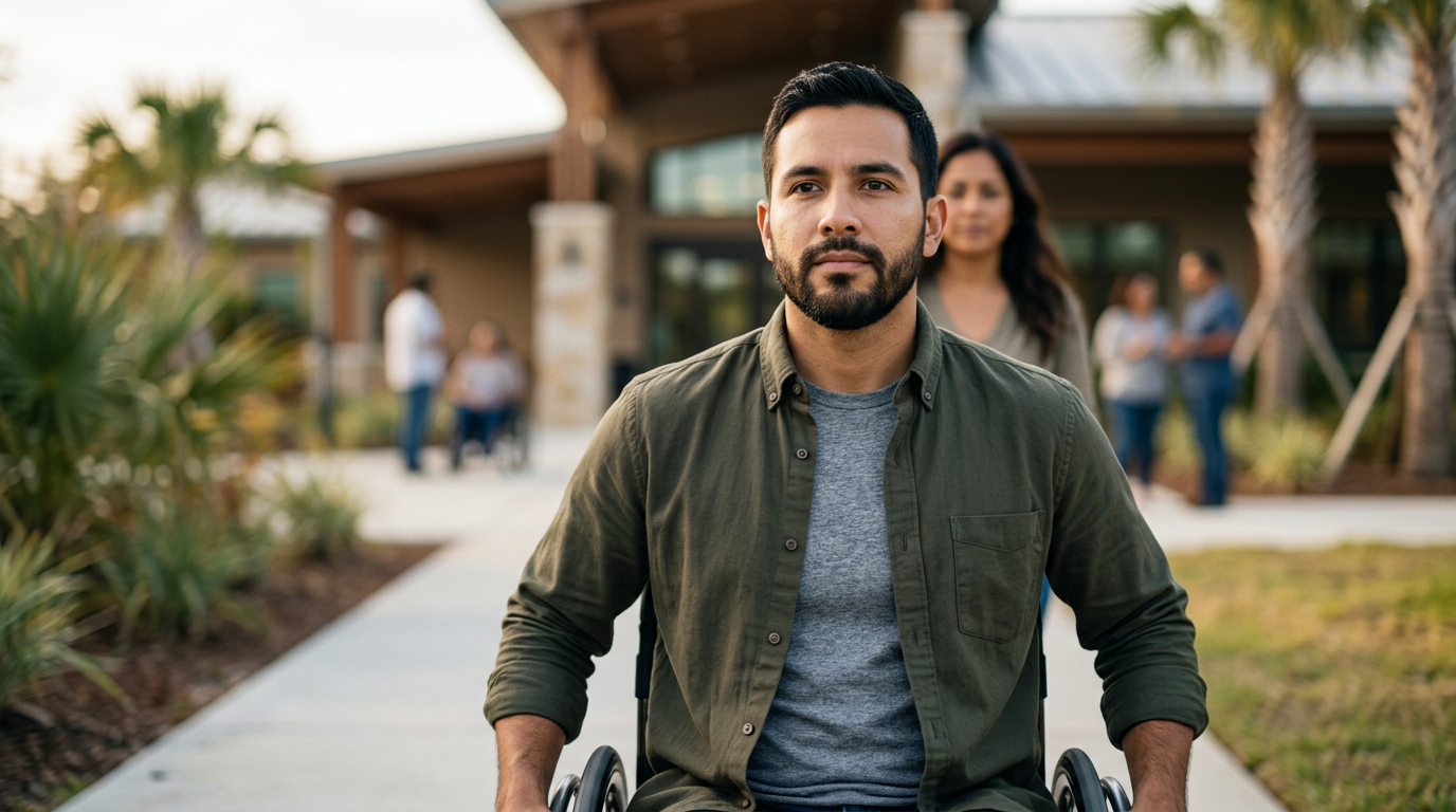 Acuerdos Lesiones Médula Espinal Florida: Guía. a person who uses a wheelchair looking forward with quiet resolve, catastrophic spinal injury, featuring Hispanic and Latino people