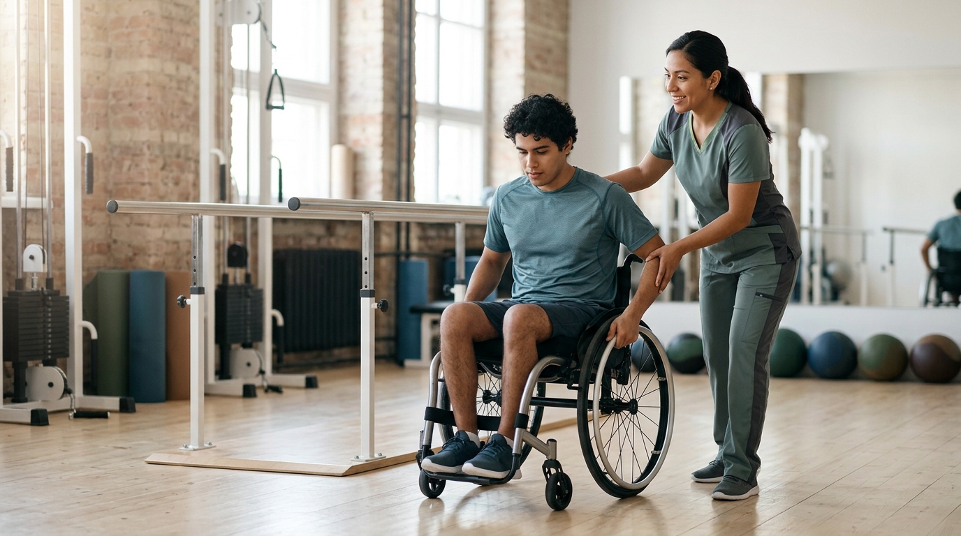 Adulto joven en silla de ruedas con fisioterapeuta en un gimnasio de rehabilitación de lesión medular.
