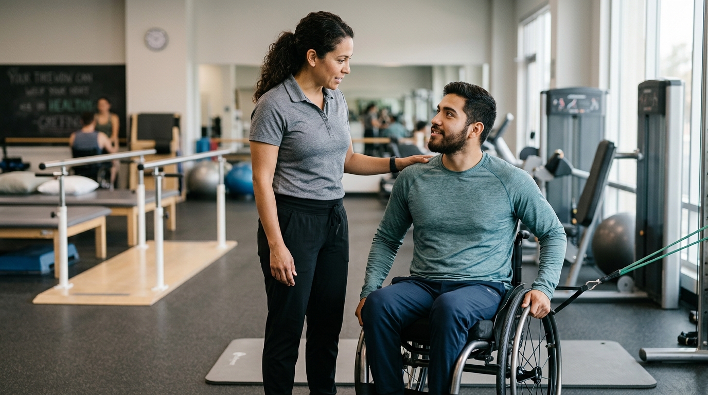 Adulto joven en silla de ruedas junto a fisioterapeuta en gimnasio de rehabilitación de lesiones medulares.