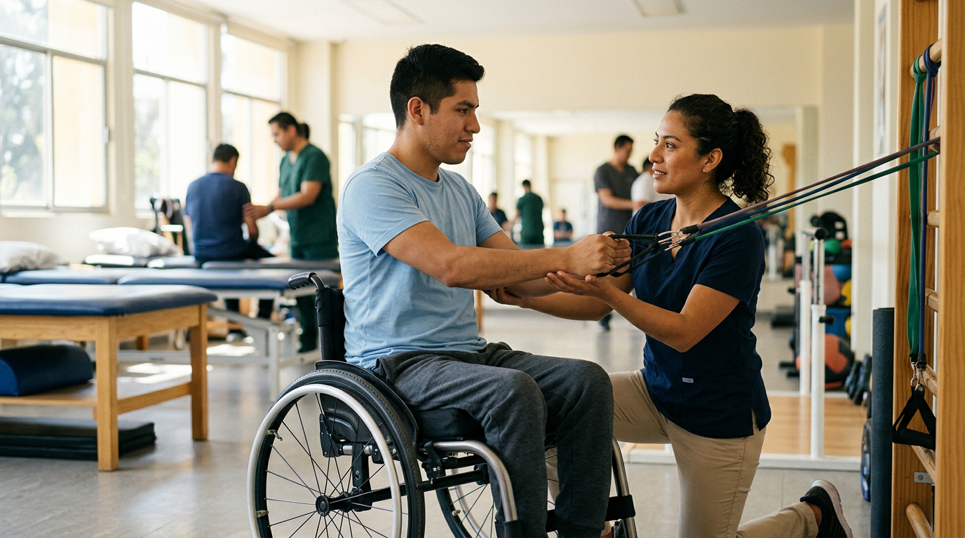Adulto joven en silla de ruedas junto a fisioterapeuta en un gimnasio de rehabilitación de lesiones medulares.