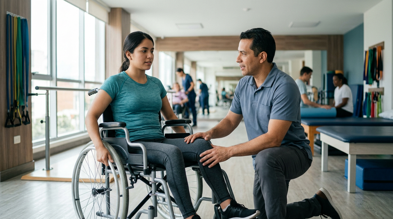 Adulto joven en silla de ruedas junto a fisioterapeuta en un gimnasio de rehabilitación de lesiones medulares.