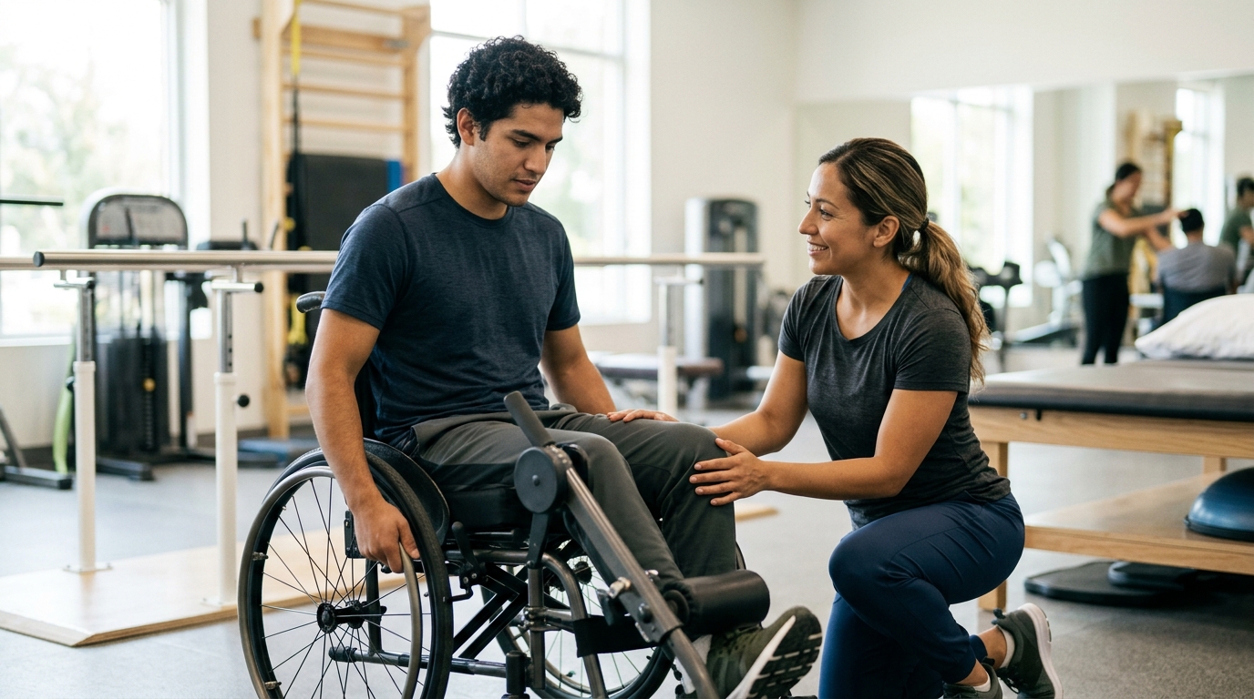 Adulto joven en silla de ruedas junto a un fisioterapeuta en un gimnasio de rehabilitación de lesiones medulares.
