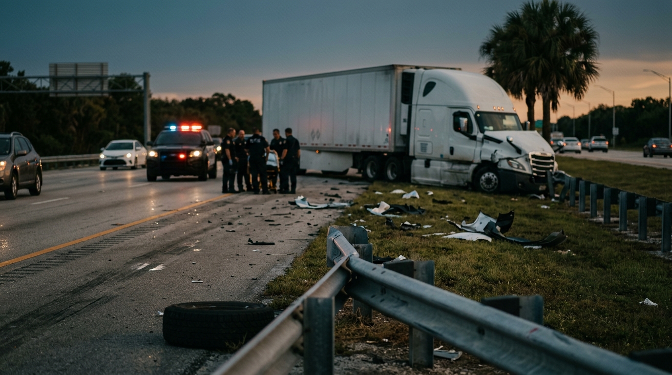 Aftermath of a serious commercial truck collision on a highway at dusk.