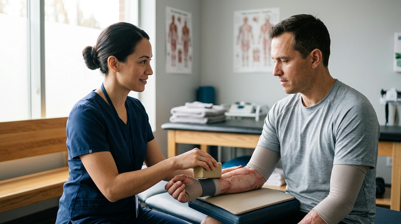 Burn injury patient meeting a rehabilitation clinician in a calm private treatment room.