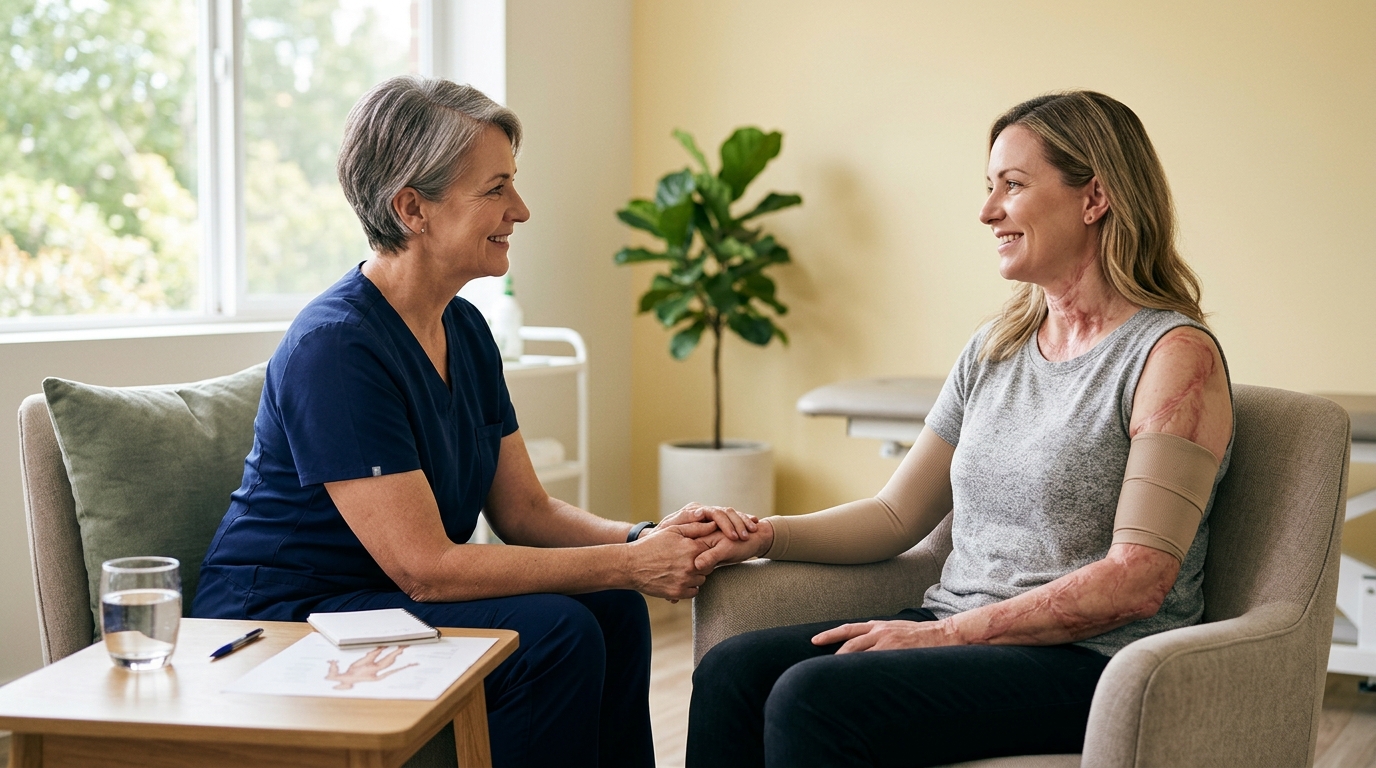 Burn injury patient meeting a rehabilitation clinician in a calm private treatment room.