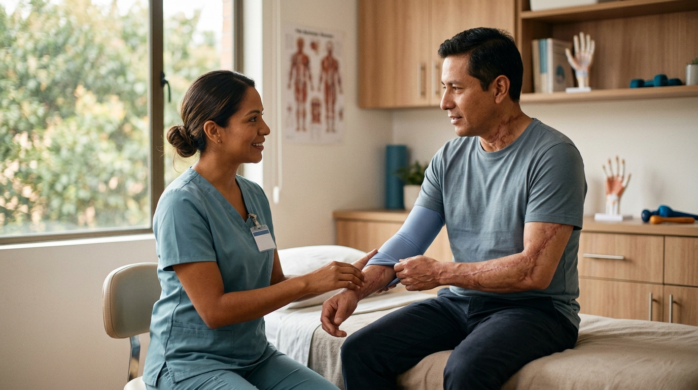 Burn injury patient meeting with a rehabilitation clinician in a calm private treatment room.